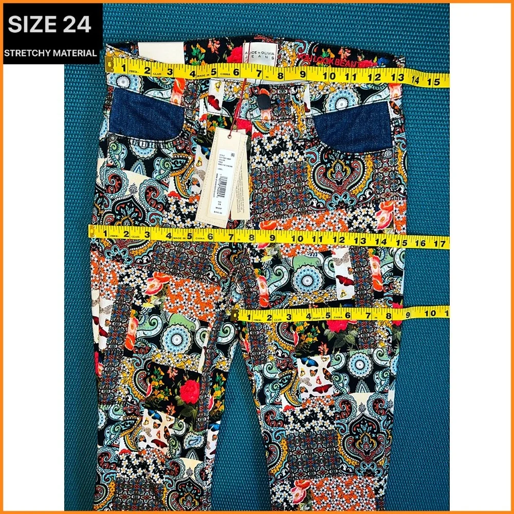 Alice + Olivia Beautiful Patchwork Mid Rise Denim Floral Flared Bell Jeans - Picture 11 of 17
